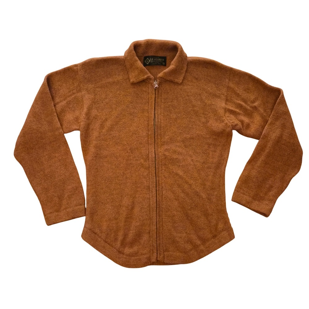 La Vicunita Baby Alpaca Wool Full Zip Cardigan Sweater Rust Orange Peru Small
